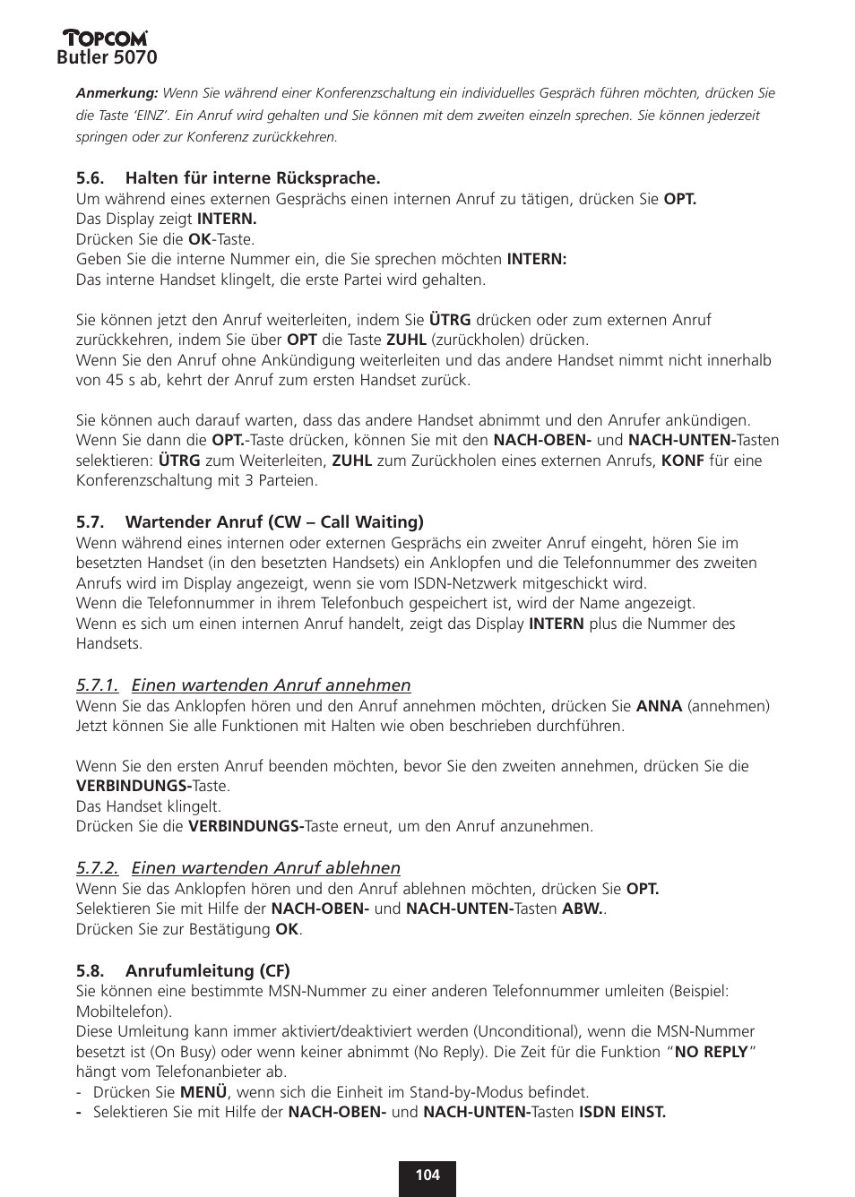 Butler 5070 | Topcom BUTLER 5070 User Manual | Page 104 / 124