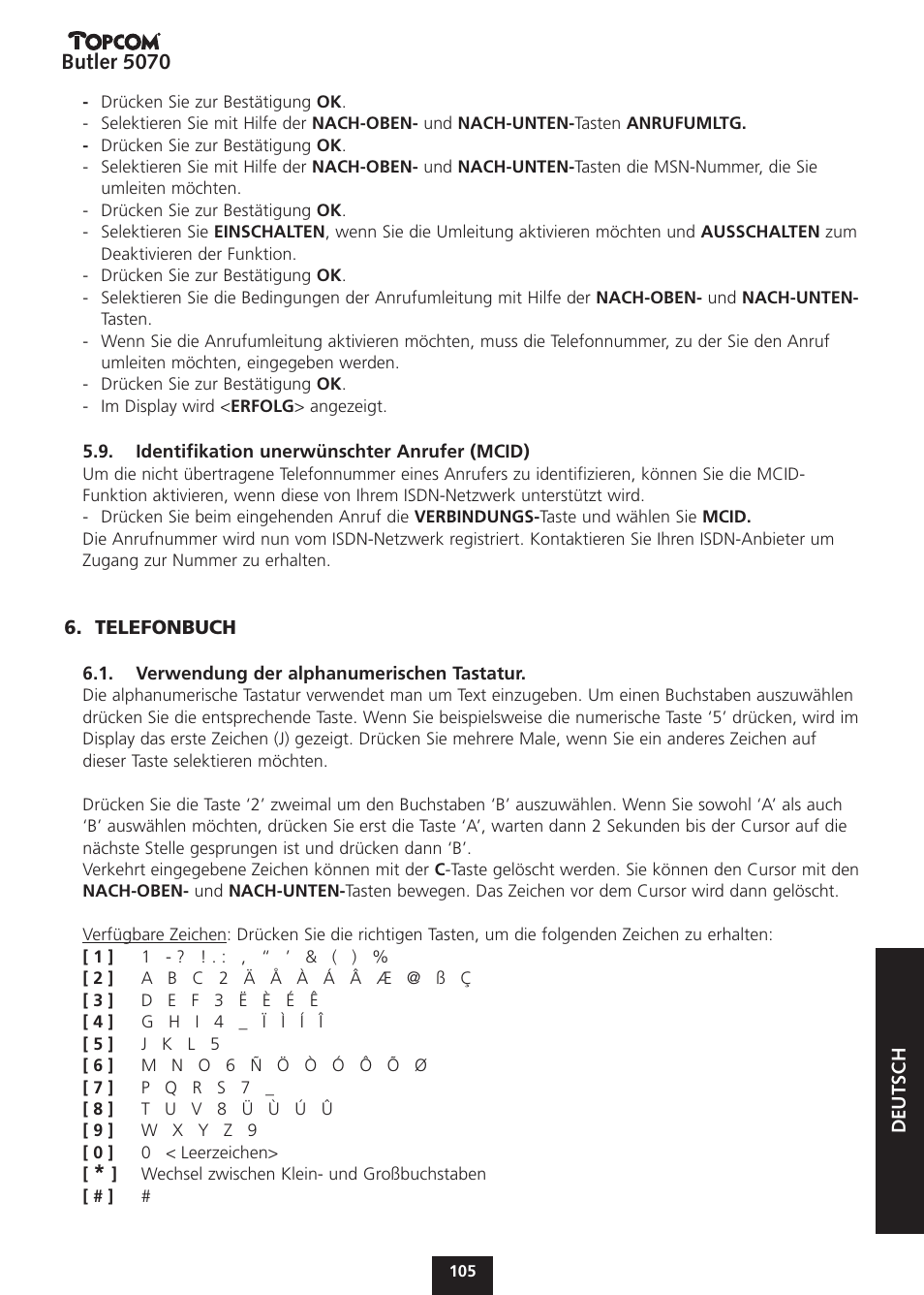 Butler 5070 | Topcom BUTLER 5070 User Manual | Page 105 / 124