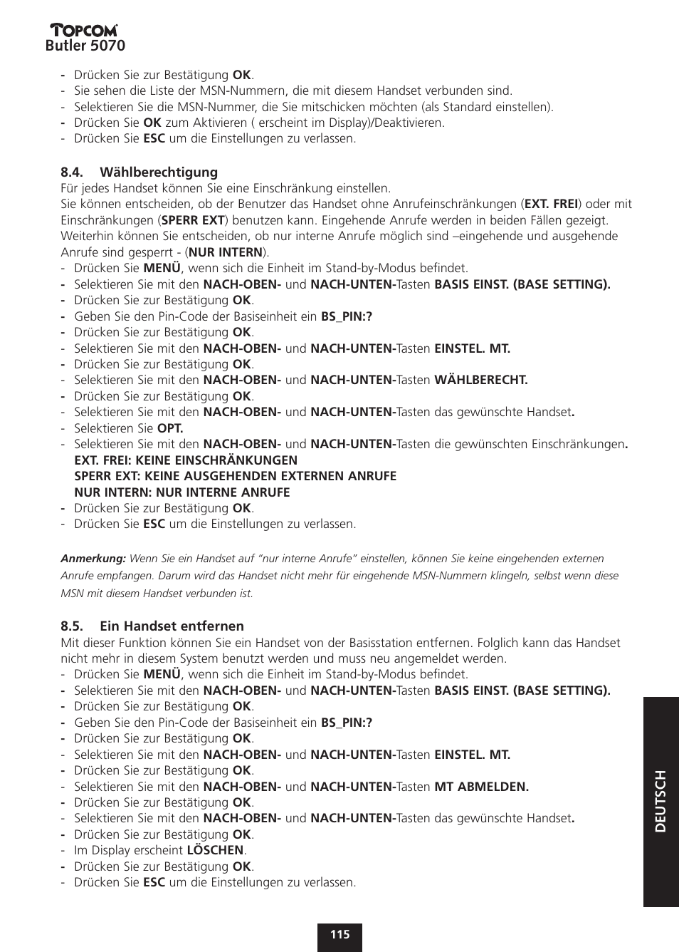 Butler 5070 | Topcom BUTLER 5070 User Manual | Page 115 / 124