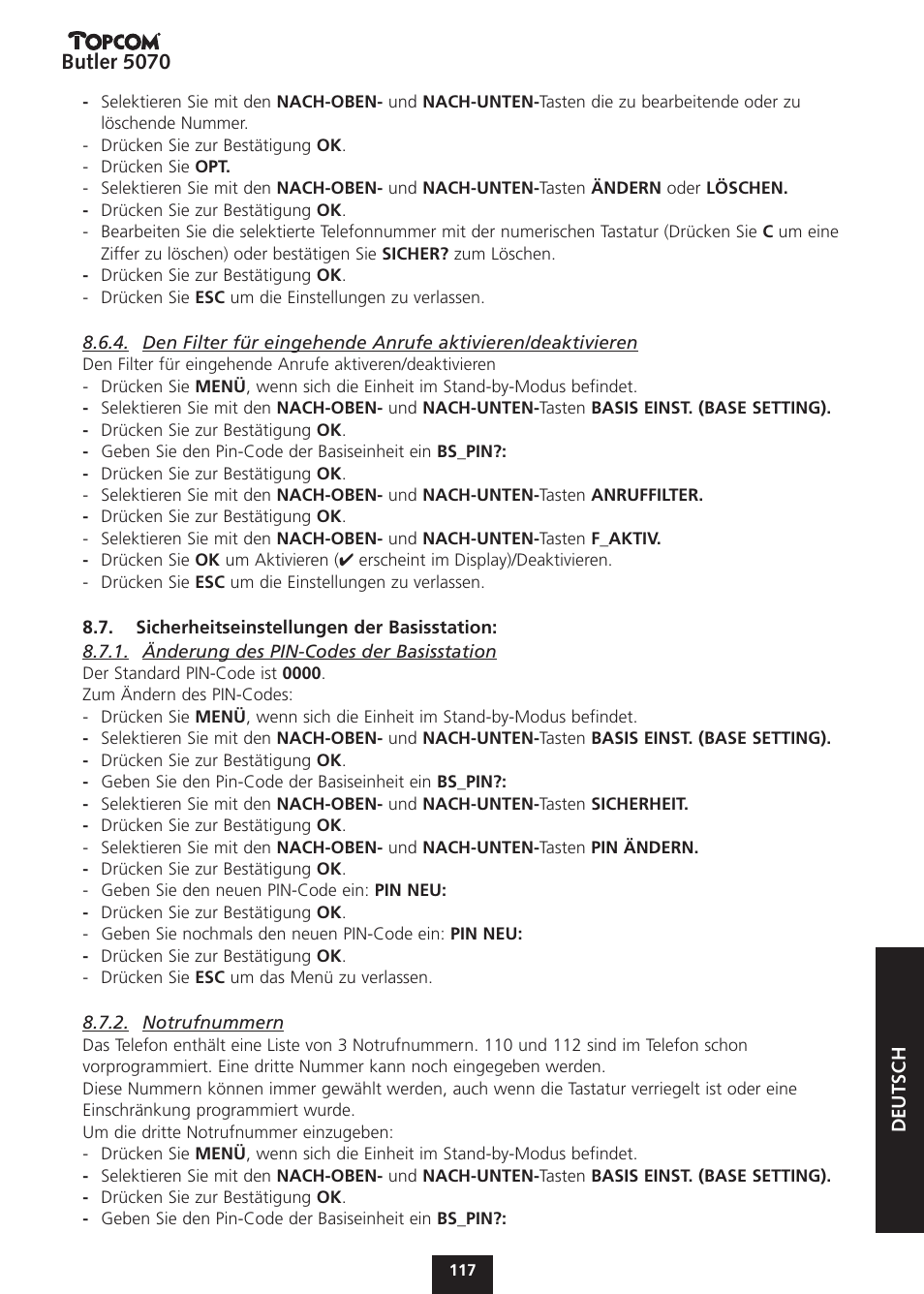 Butler 5070 | Topcom BUTLER 5070 User Manual | Page 117 / 124
