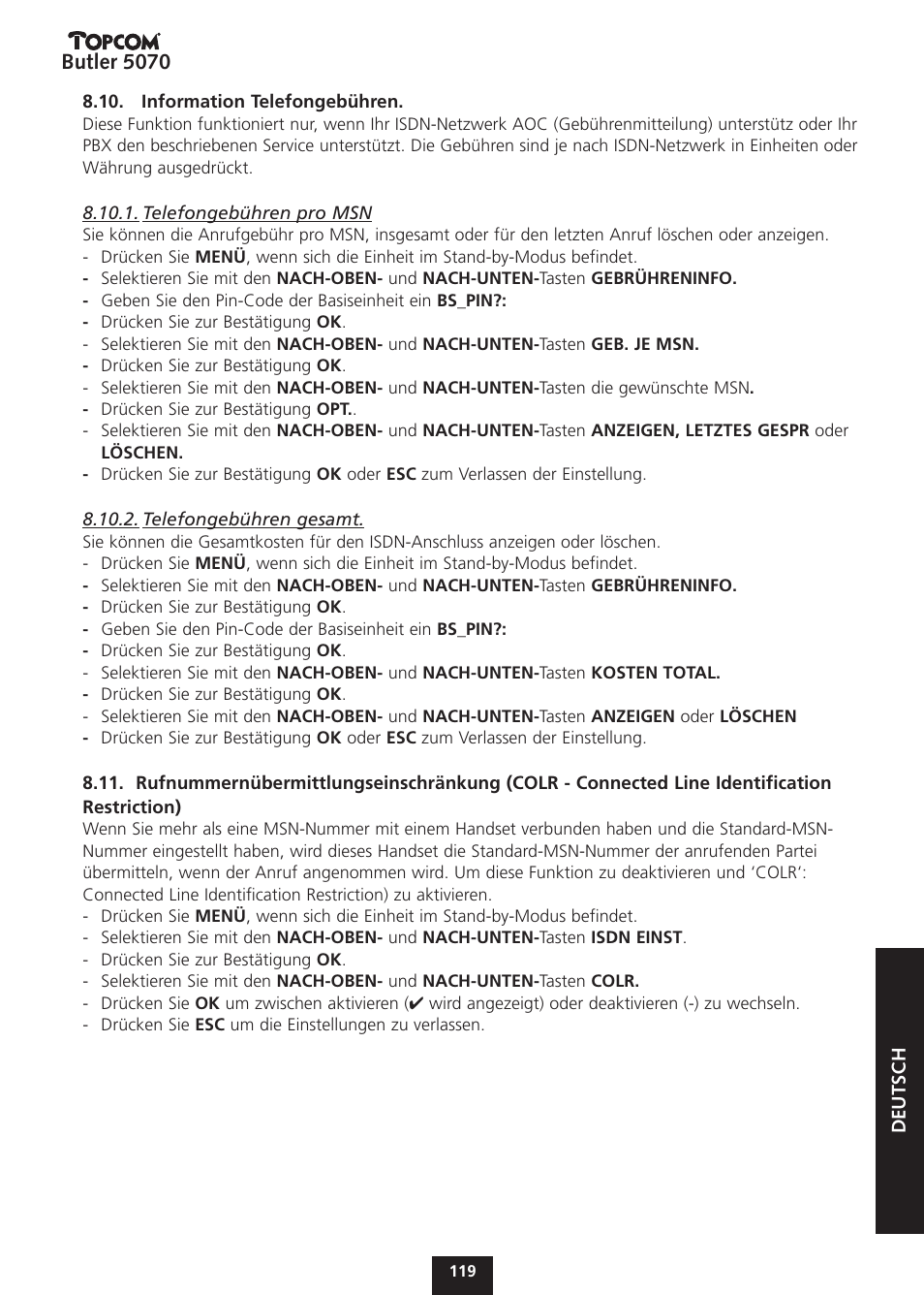 Butler 5070 | Topcom BUTLER 5070 User Manual | Page 119 / 124