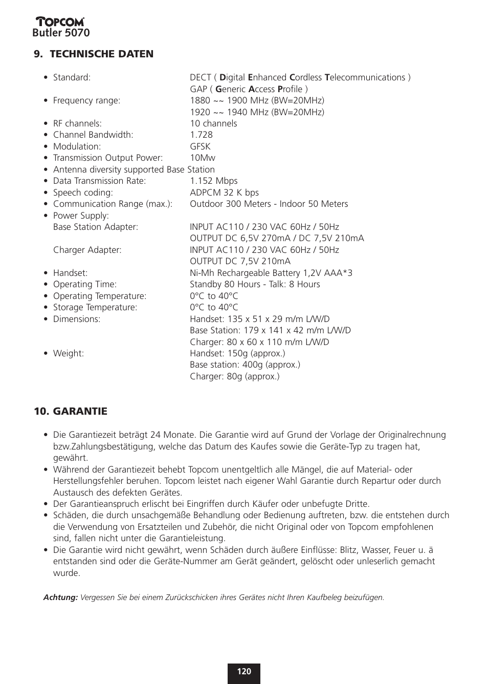 Butler 5070 | Topcom BUTLER 5070 User Manual | Page 120 / 124
