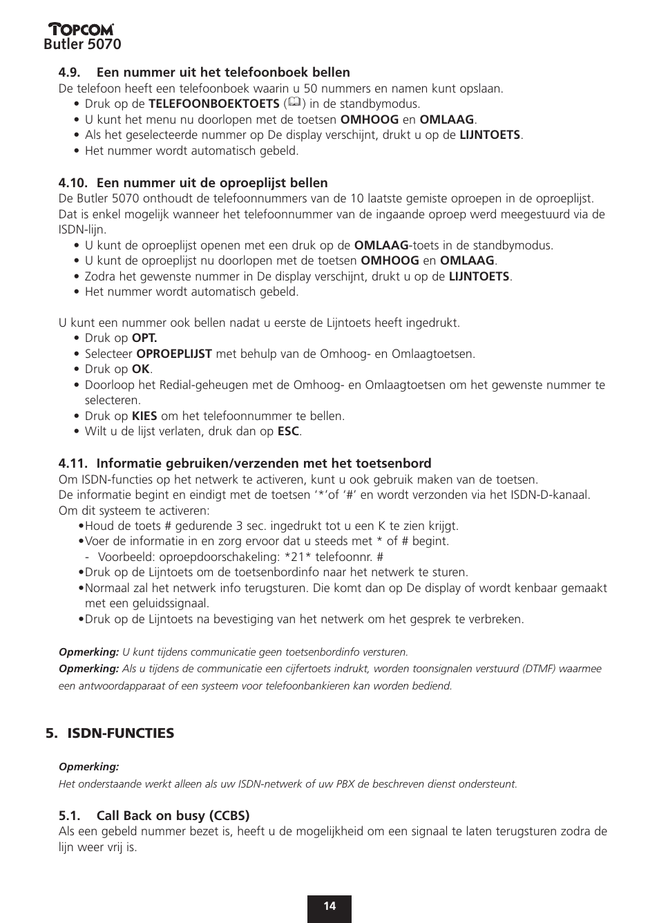 Butler 5070 | Topcom BUTLER 5070 User Manual | Page 14 / 124