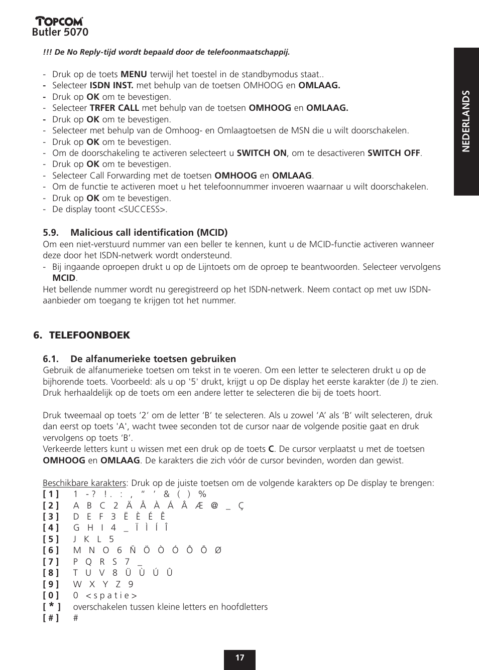 Butler 5070 | Topcom BUTLER 5070 User Manual | Page 17 / 124