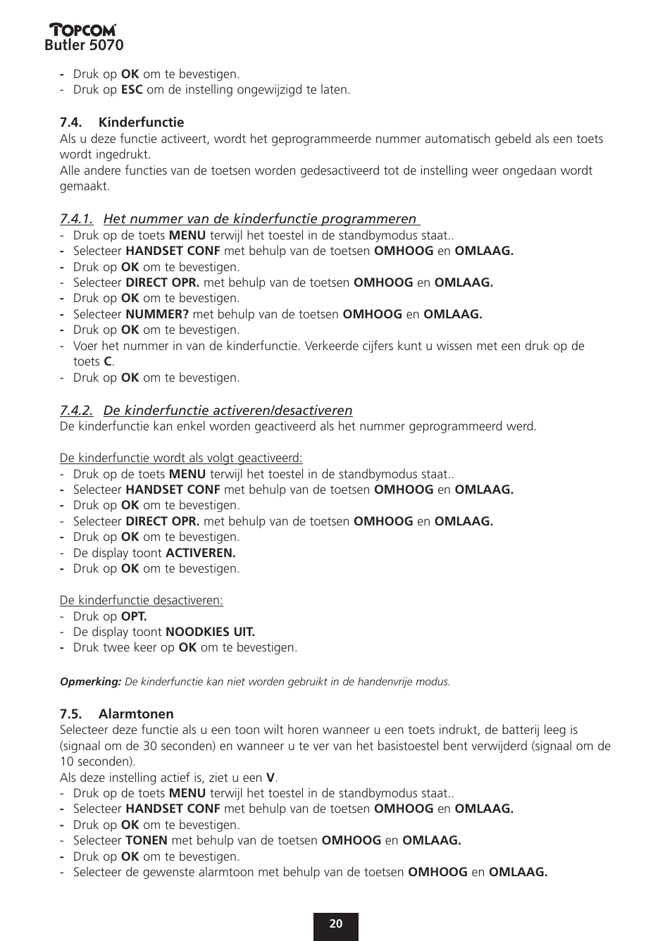 Butler 5070 | Topcom BUTLER 5070 User Manual | Page 20 / 124