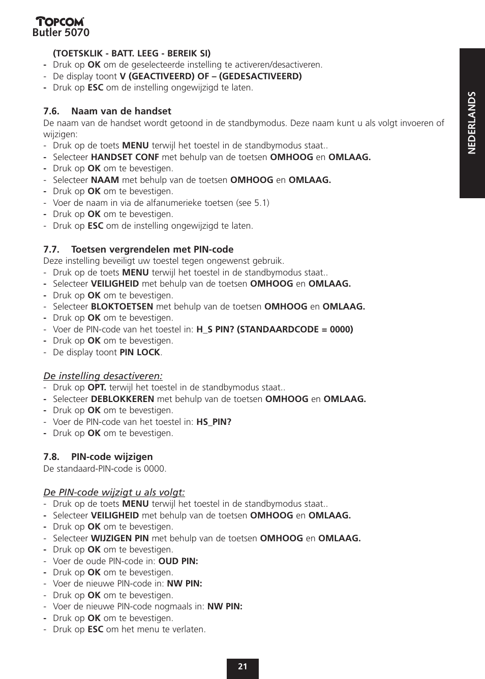 Butler 5070 | Topcom BUTLER 5070 User Manual | Page 21 / 124