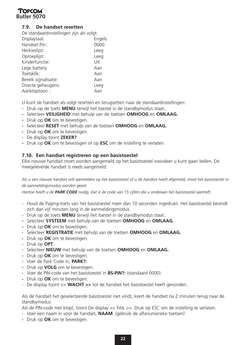 Butler 5070 | Topcom BUTLER 5070 User Manual | Page 22 / 124