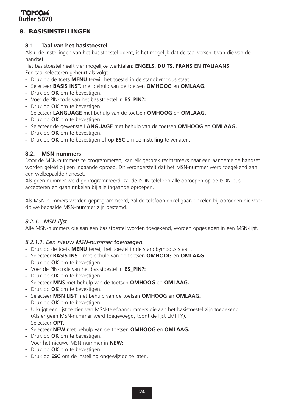 Butler 5070 | Topcom BUTLER 5070 User Manual | Page 24 / 124