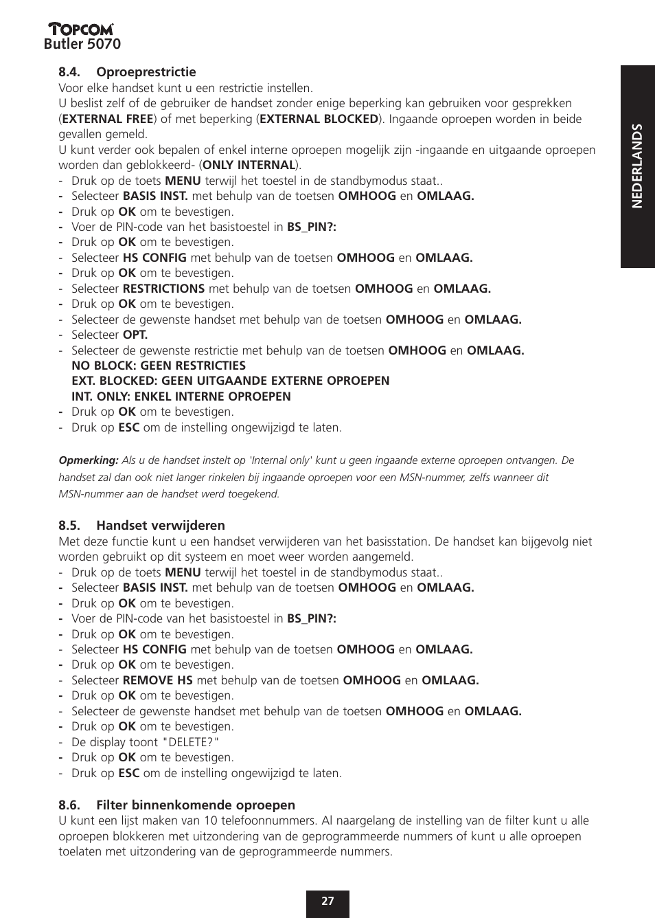 Butler 5070 | Topcom BUTLER 5070 User Manual | Page 27 / 124