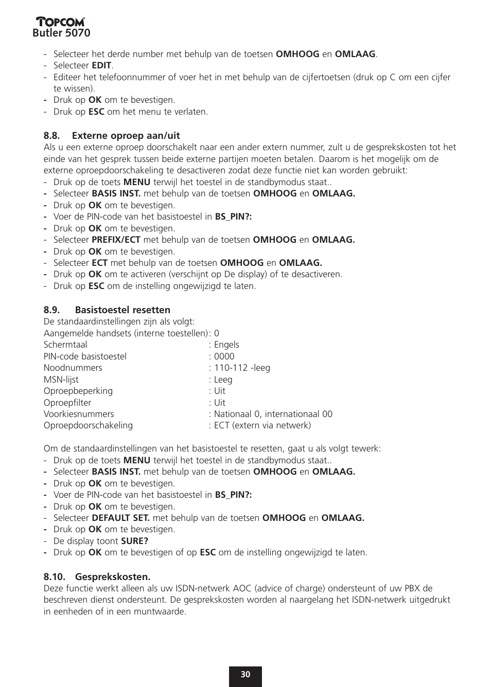 Butler 5070 | Topcom BUTLER 5070 User Manual | Page 30 / 124