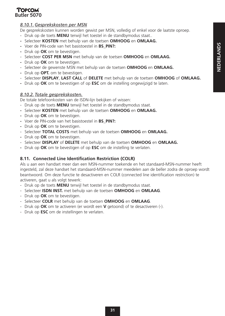 Butler 5070 | Topcom BUTLER 5070 User Manual | Page 31 / 124