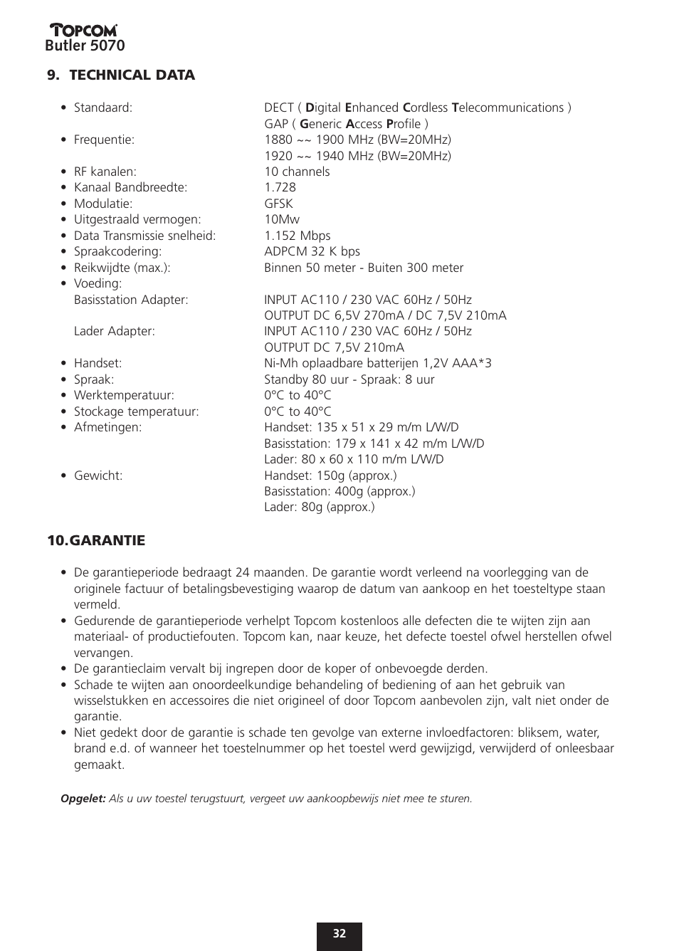 Butler 5070 | Topcom BUTLER 5070 User Manual | Page 32 / 124