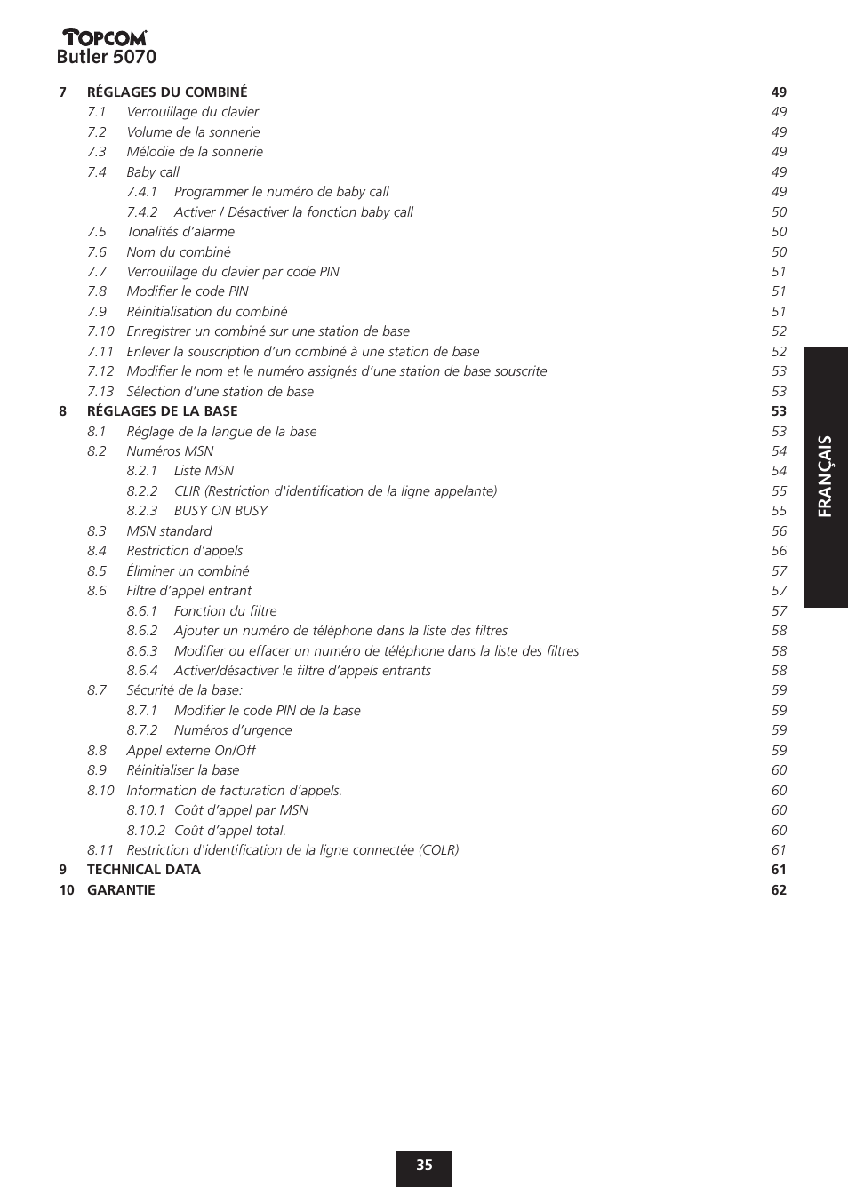Butler 5070, Fran ç ais | Topcom BUTLER 5070 User Manual | Page 35 / 124