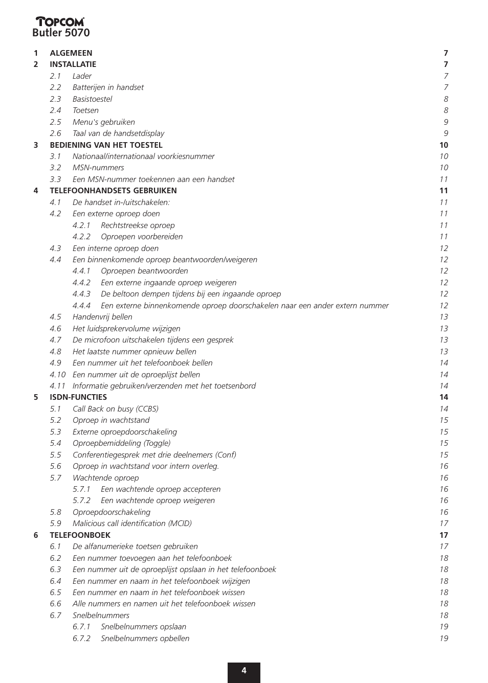 Butler 5070 | Topcom BUTLER 5070 User Manual | Page 4 / 124