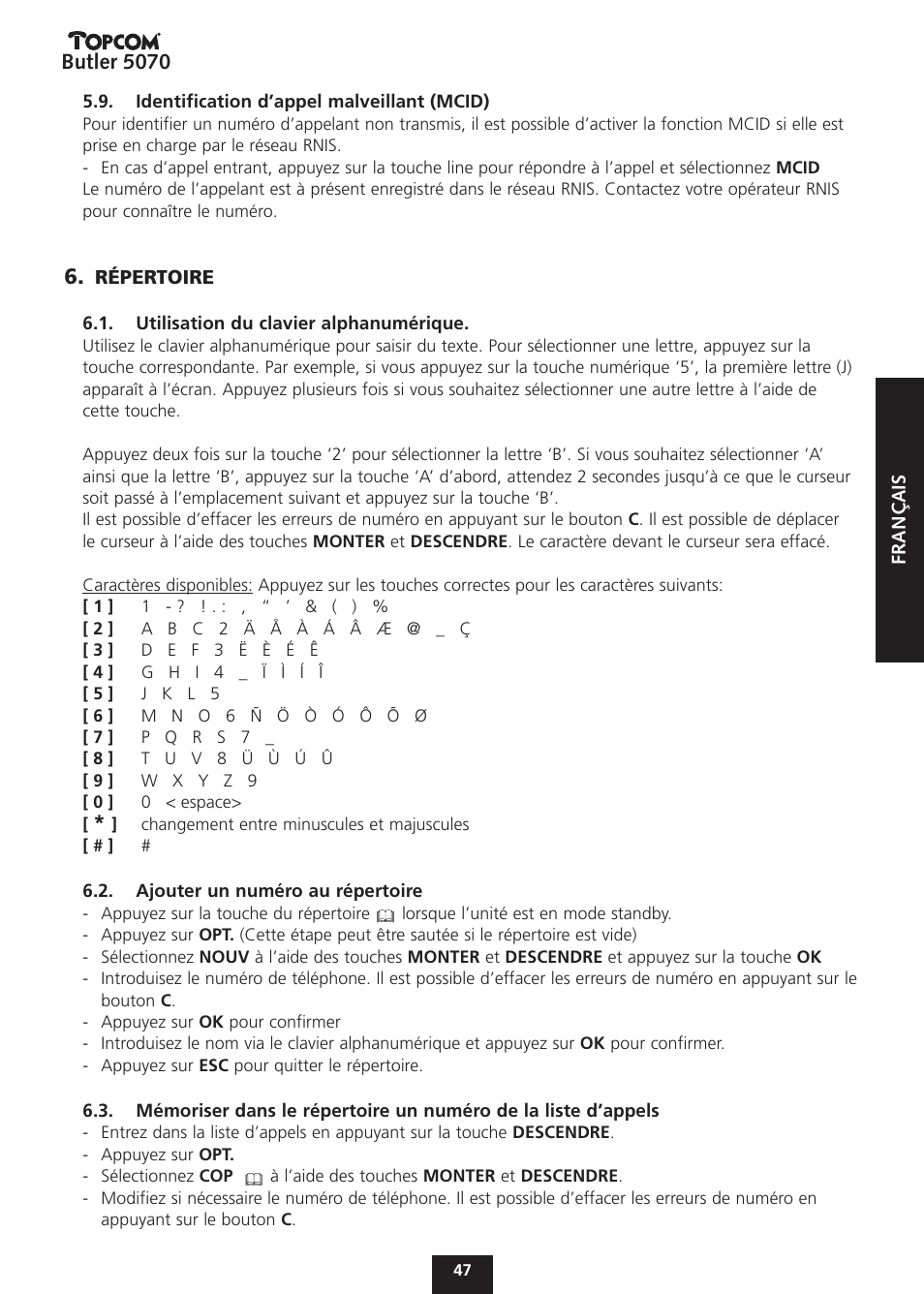 Butler 5070 | Topcom BUTLER 5070 User Manual | Page 47 / 124