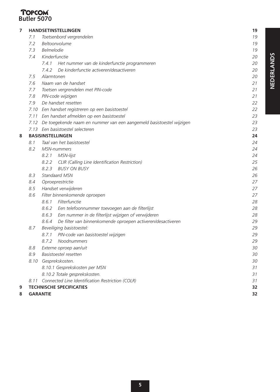 Butler 5070, Nederlands | Topcom BUTLER 5070 User Manual | Page 5 / 124