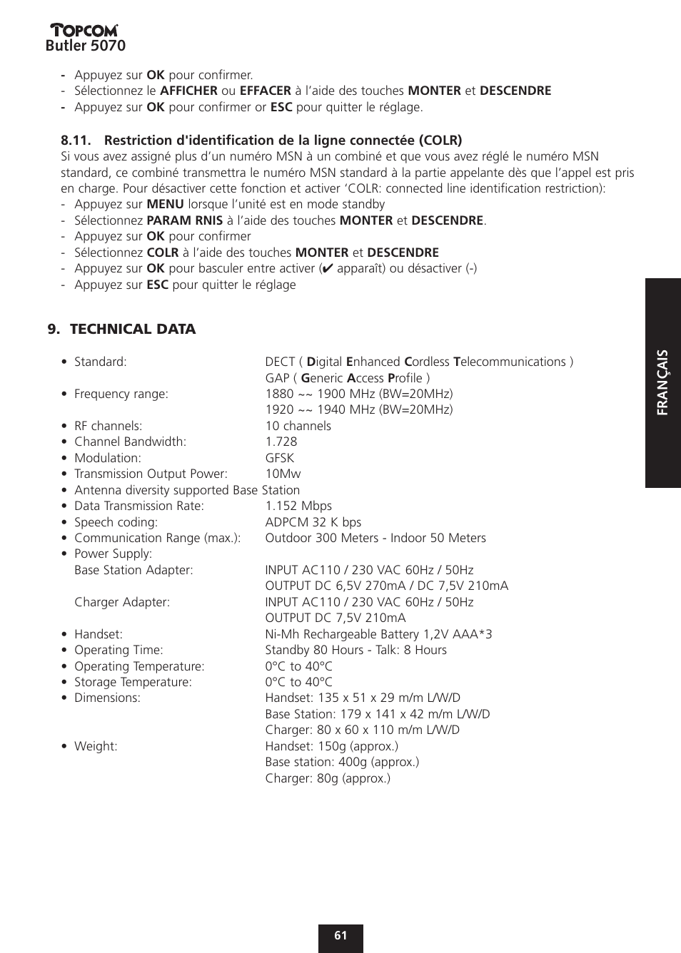 Butler 5070 | Topcom BUTLER 5070 User Manual | Page 61 / 124