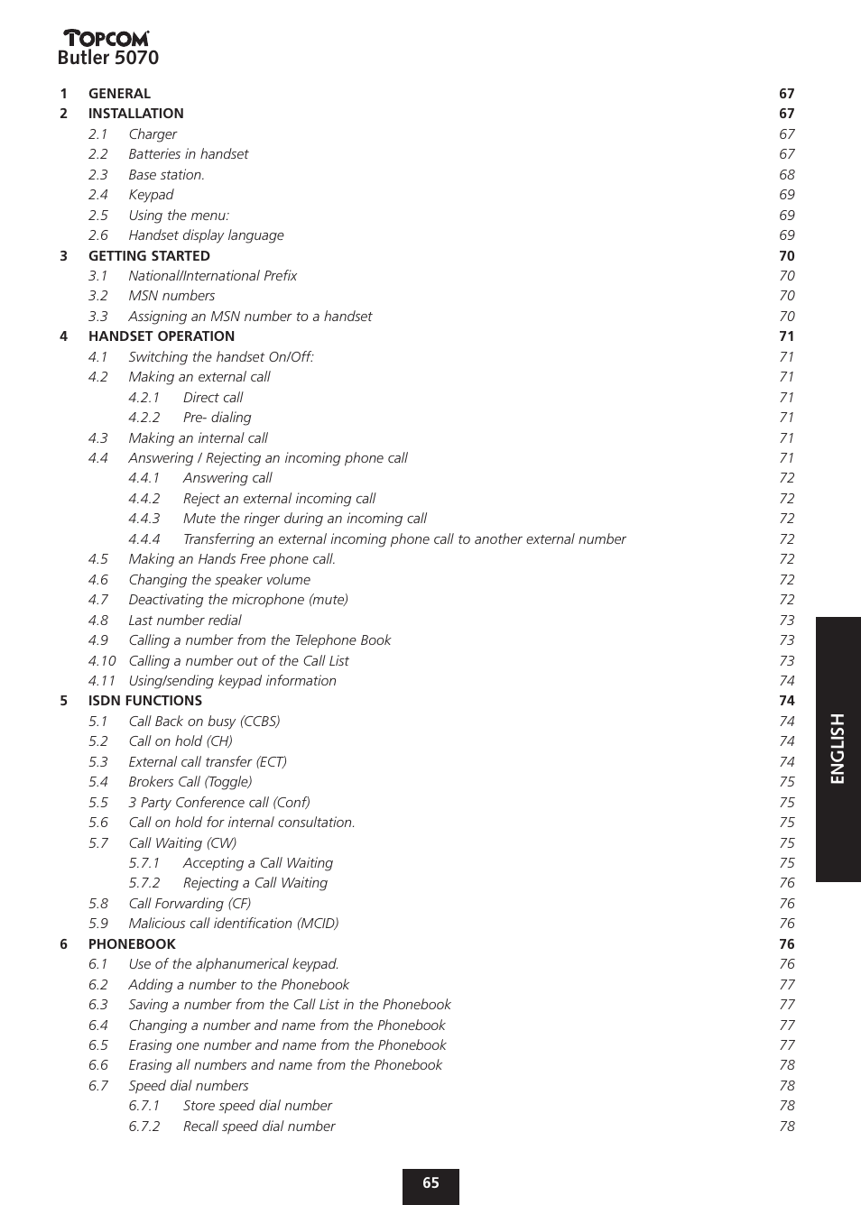 Butler 5070, English | Topcom BUTLER 5070 User Manual | Page 65 / 124