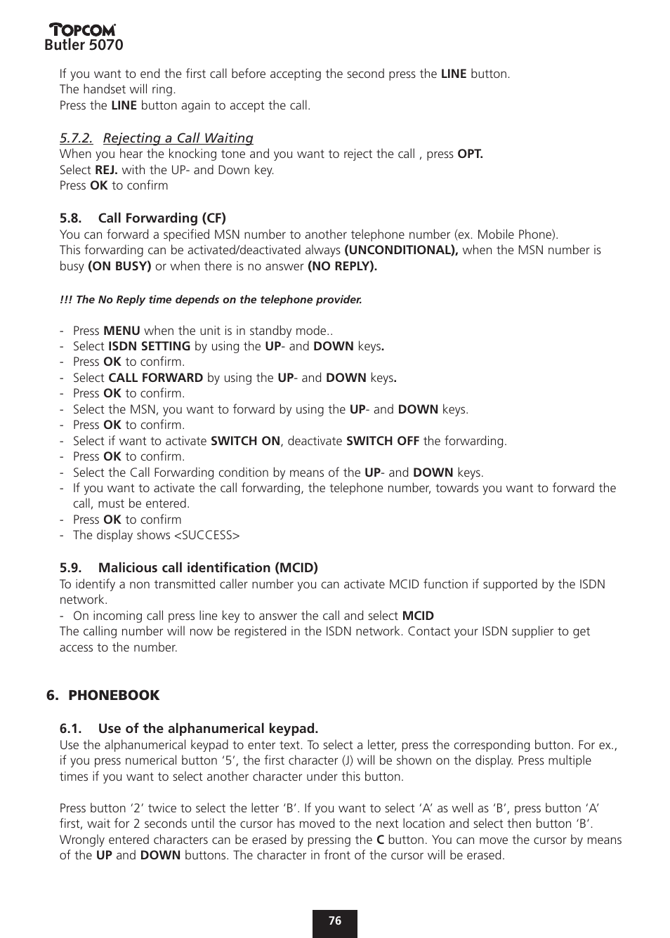 Butler 5070 | Topcom BUTLER 5070 User Manual | Page 76 / 124