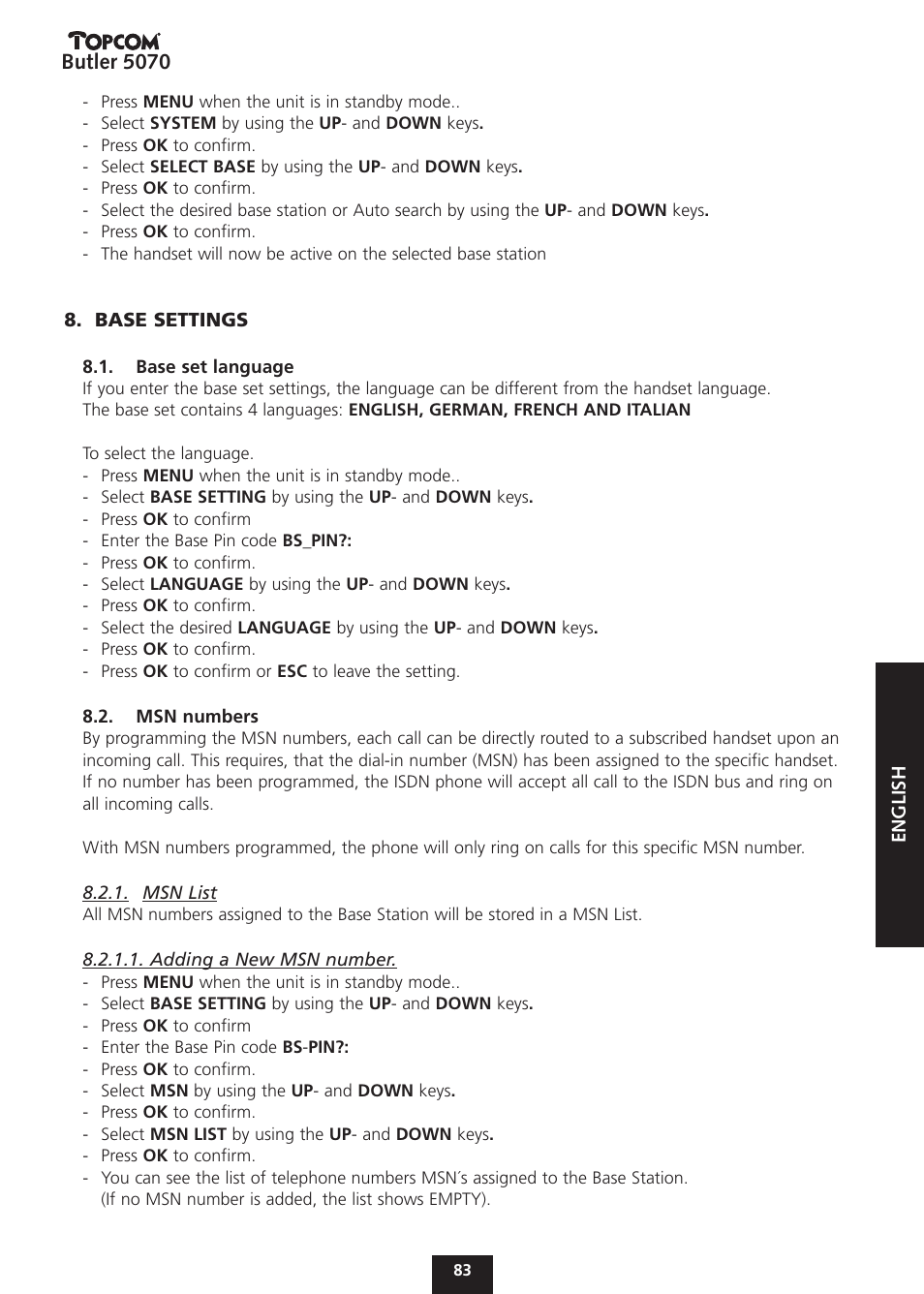 Butler 5070 | Topcom BUTLER 5070 User Manual | Page 83 / 124