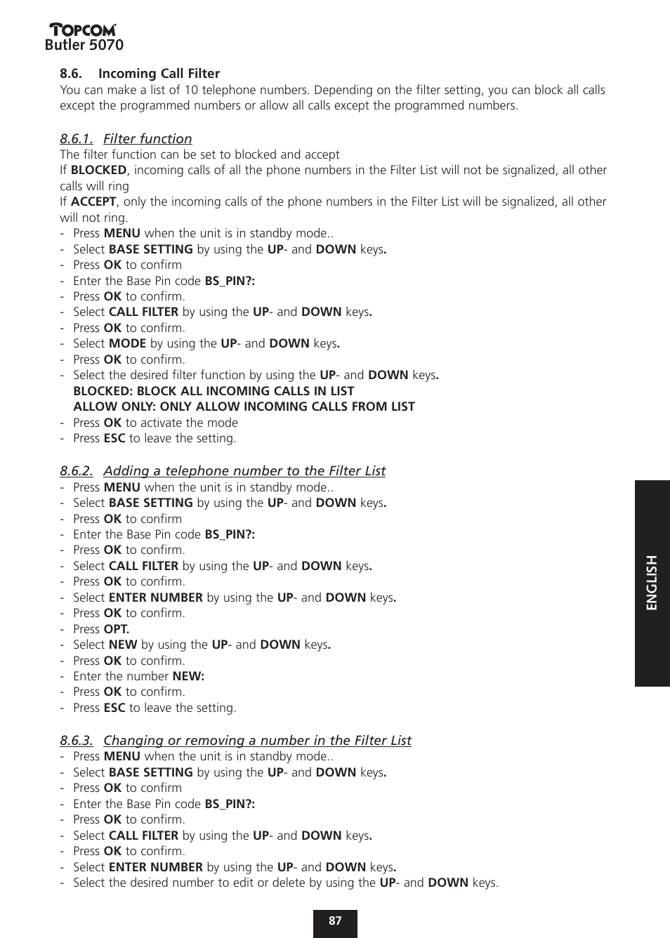 Butler 5070 | Topcom BUTLER 5070 User Manual | Page 87 / 124