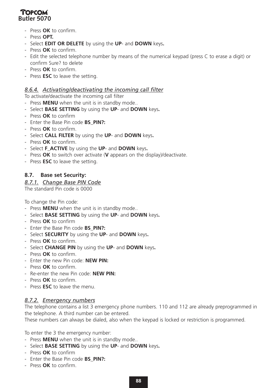 Butler 5070 | Topcom BUTLER 5070 User Manual | Page 88 / 124