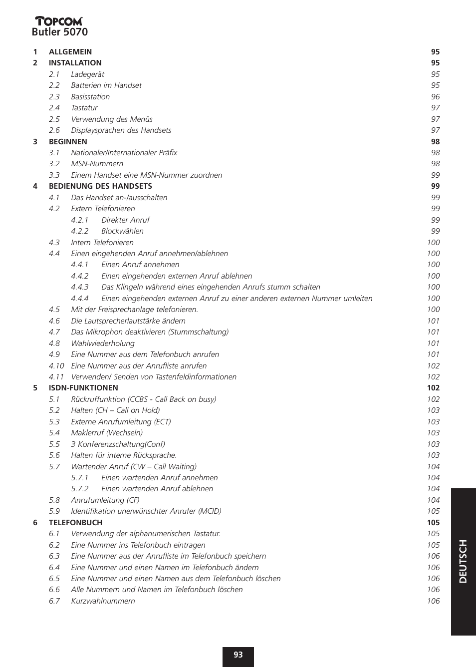 Butler 5070, Deutsch | Topcom BUTLER 5070 User Manual | Page 93 / 124