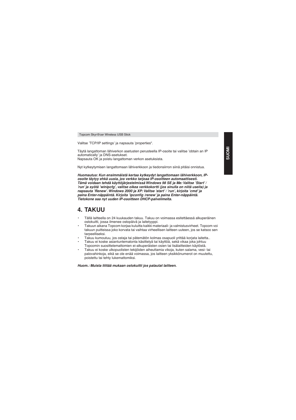 Takuu | Topcom Wireless USB Stick User Manual | Page 131 / 132