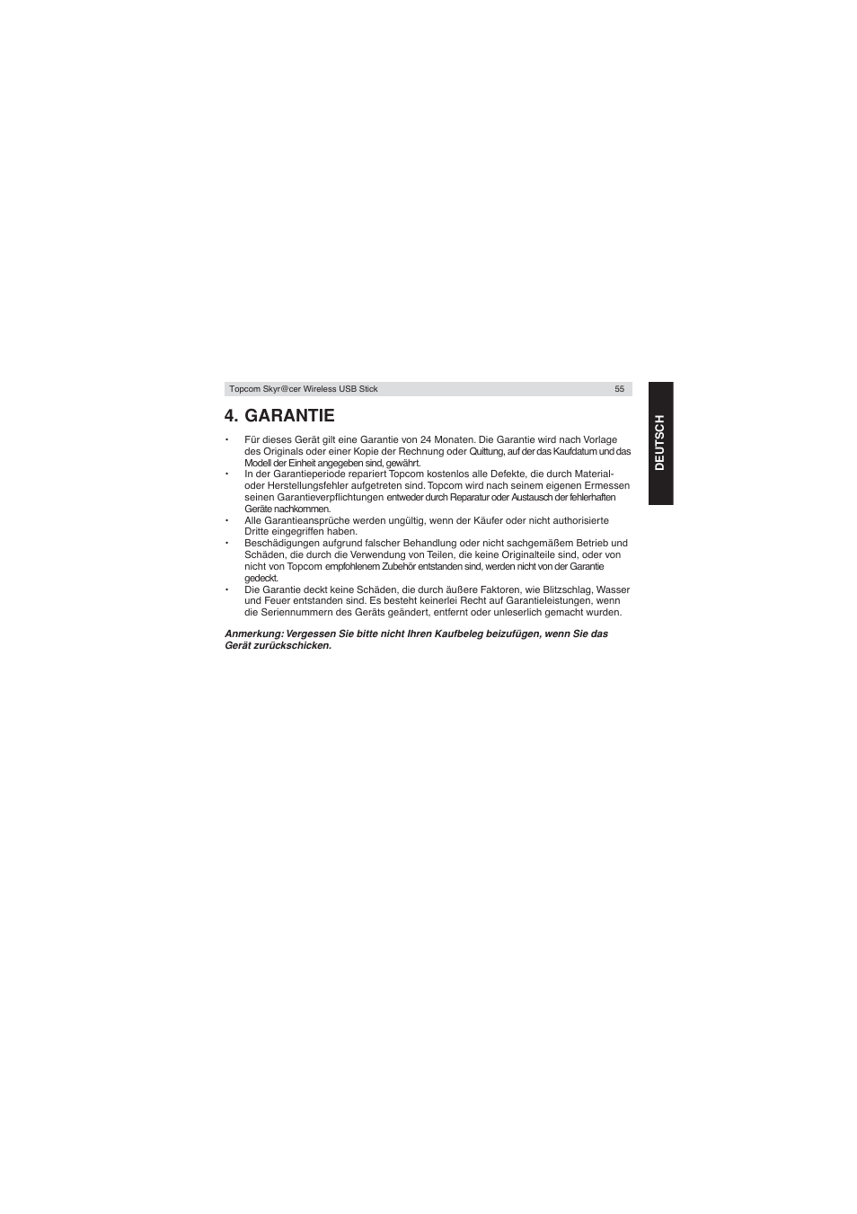 Garantie | Topcom Wireless USB Stick User Manual | Page 55 / 132