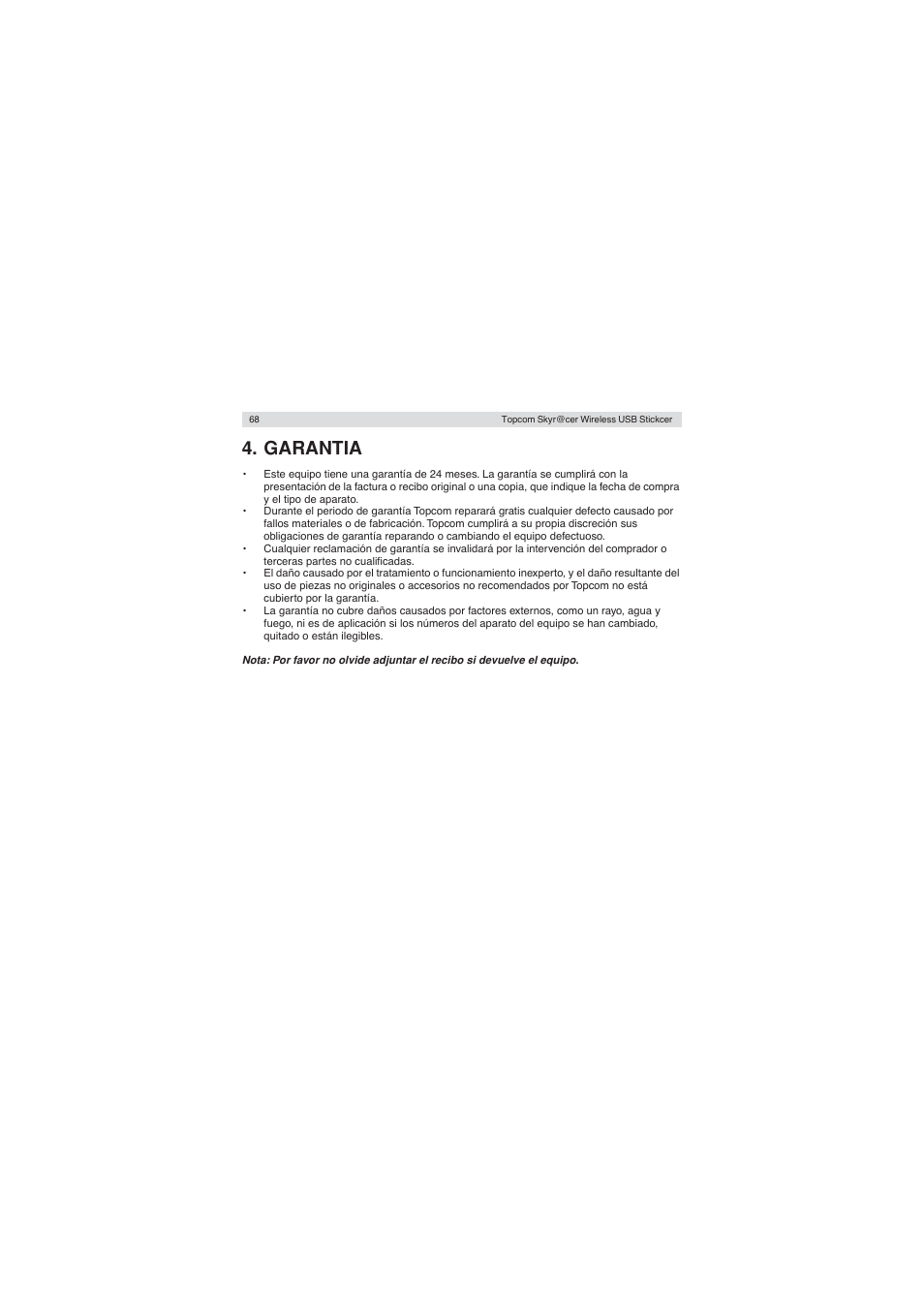 Garantia | Topcom Wireless USB Stick User Manual | Page 68 / 132