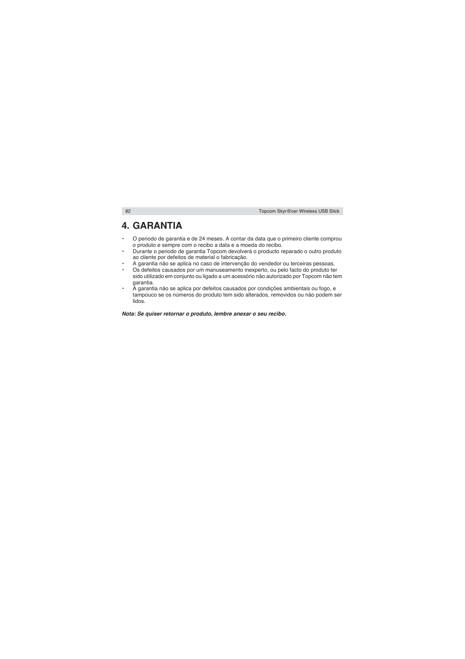 Garantia | Topcom Wireless USB Stick User Manual | Page 82 / 132