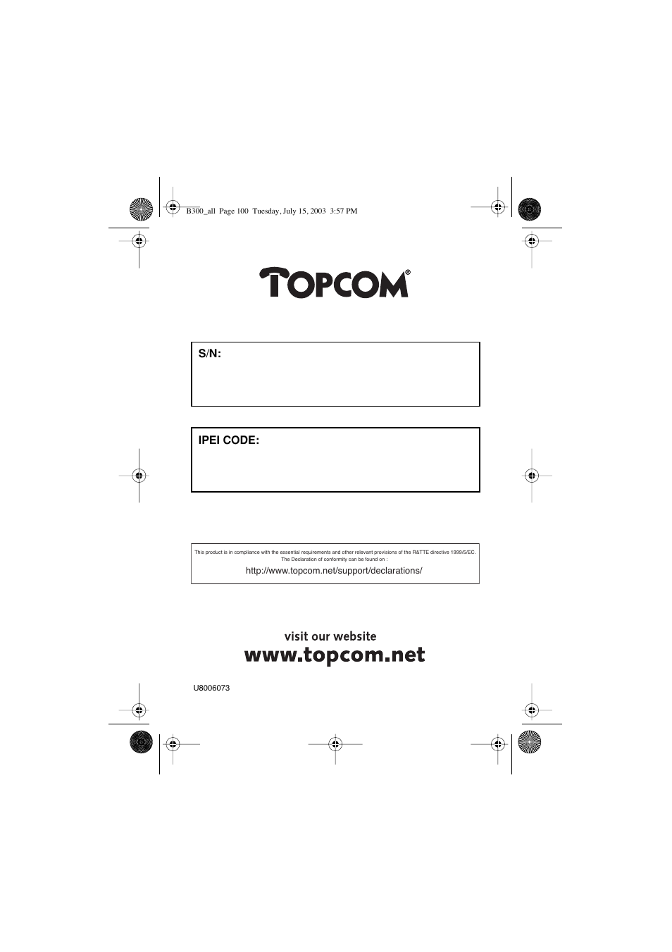 S/n: ipei code | Topcom BUTLER 300 DECT User Manual | Page 100 / 100