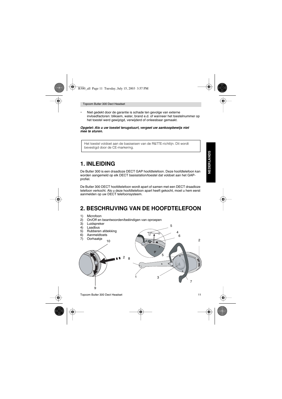 Inleiding, Beschrijving van de hoofdtelefoon | Topcom BUTLER 300 DECT User Manual | Page 11 / 100