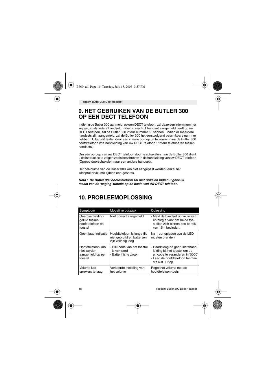 Probleemoplossing | Topcom BUTLER 300 DECT User Manual | Page 16 / 100