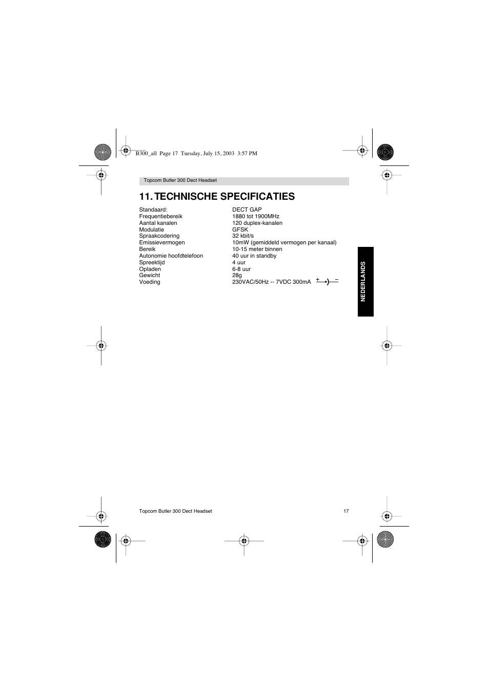 Technische specificaties | Topcom BUTLER 300 DECT User Manual | Page 17 / 100