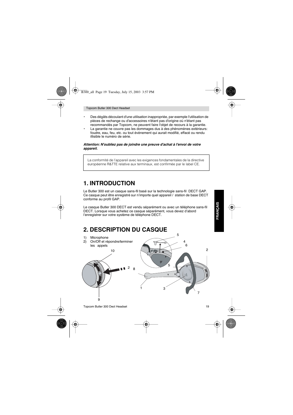 Introduction, Description du casque | Topcom BUTLER 300 DECT User Manual | Page 19 / 100