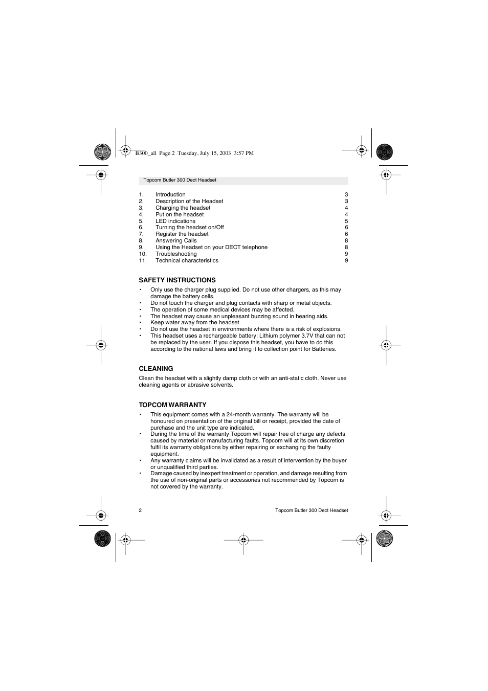 Topcom BUTLER 300 DECT User Manual | Page 2 / 100