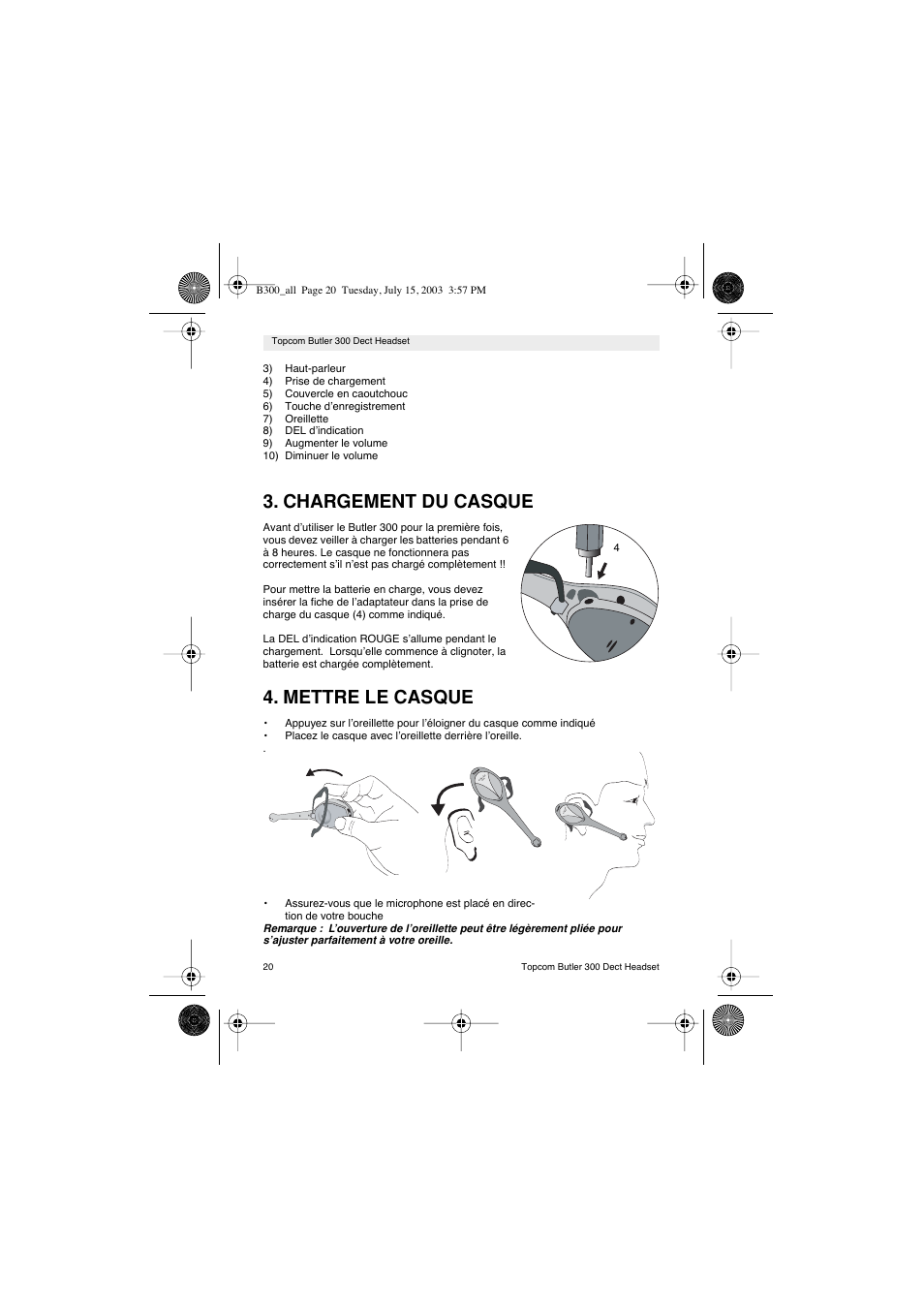 Chargement du casque, Mettre le casque | Topcom BUTLER 300 DECT User Manual | Page 20 / 100