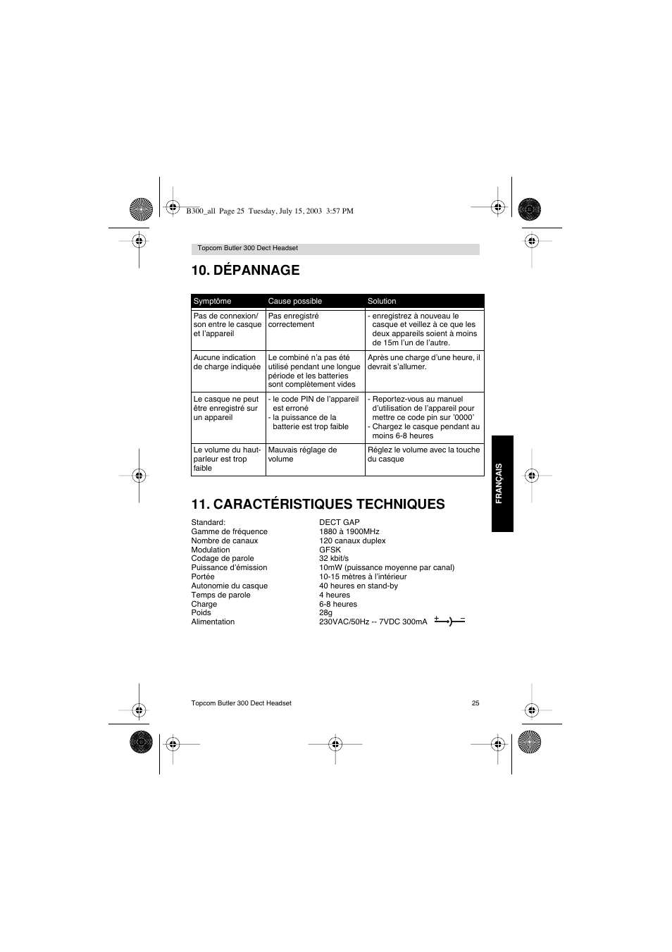 Dépannage 11. caractéristiques techniques | Topcom BUTLER 300 DECT User Manual | Page 25 / 100