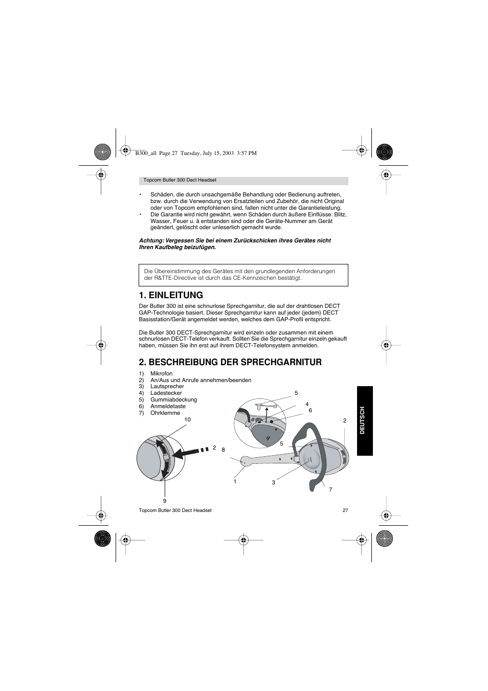 Einleitung, Beschreibung der sprechgarnitur | Topcom BUTLER 300 DECT User Manual | Page 27 / 100