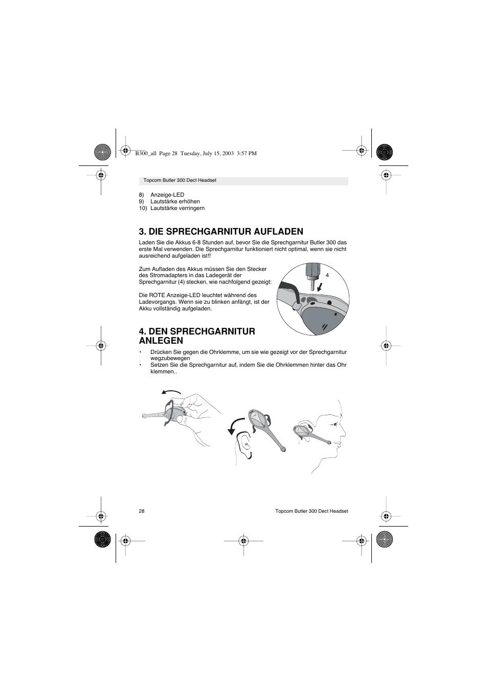 Die sprechgarnitur aufladen, Den sprechgarnitur anlegen | Topcom BUTLER 300 DECT User Manual | Page 28 / 100