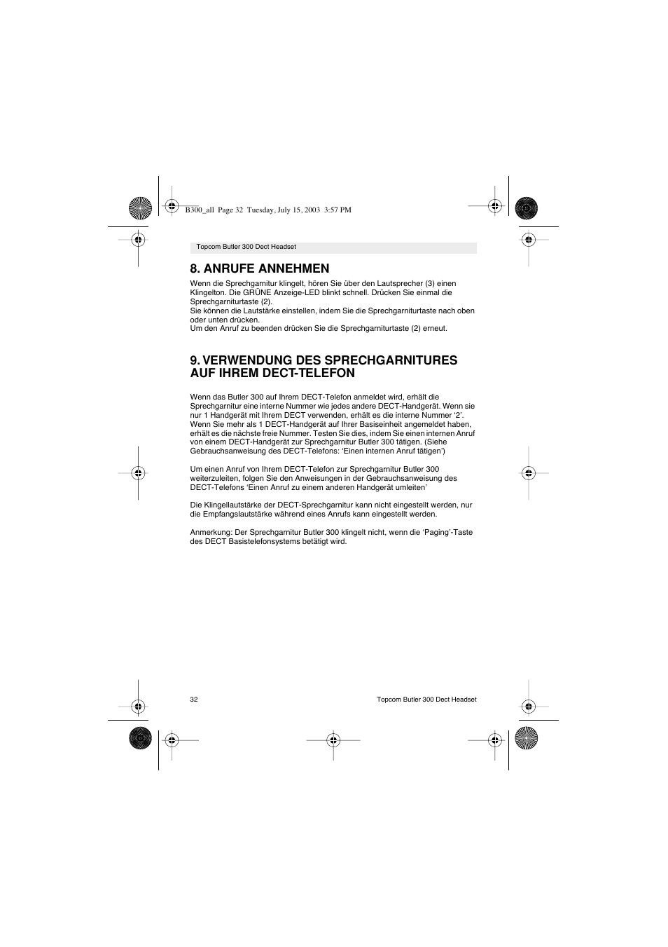 Anrufe annehmen | Topcom BUTLER 300 DECT User Manual | Page 32 / 100