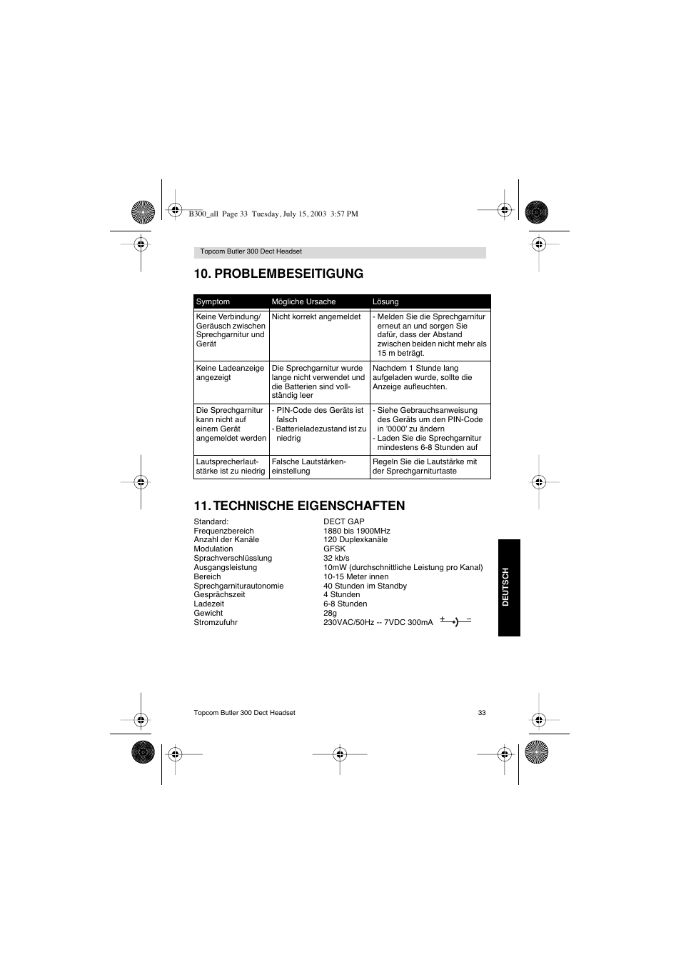 Problembeseitigung 11. technische eigenschaften | Topcom BUTLER 300 DECT User Manual | Page 33 / 100