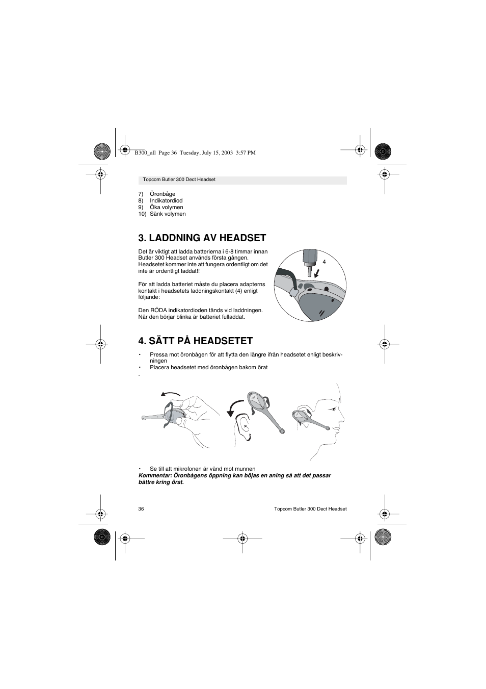 Laddning av headset, Sätt på headsetet | Topcom BUTLER 300 DECT User Manual | Page 36 / 100