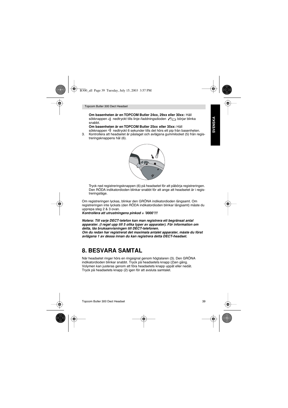 Besvara samtal | Topcom BUTLER 300 DECT User Manual | Page 39 / 100