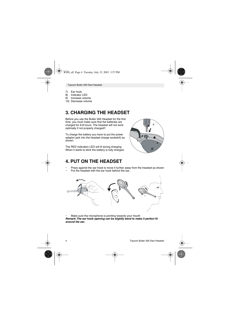 Charging the headset, Put on the headset | Topcom BUTLER 300 DECT User Manual | Page 4 / 100