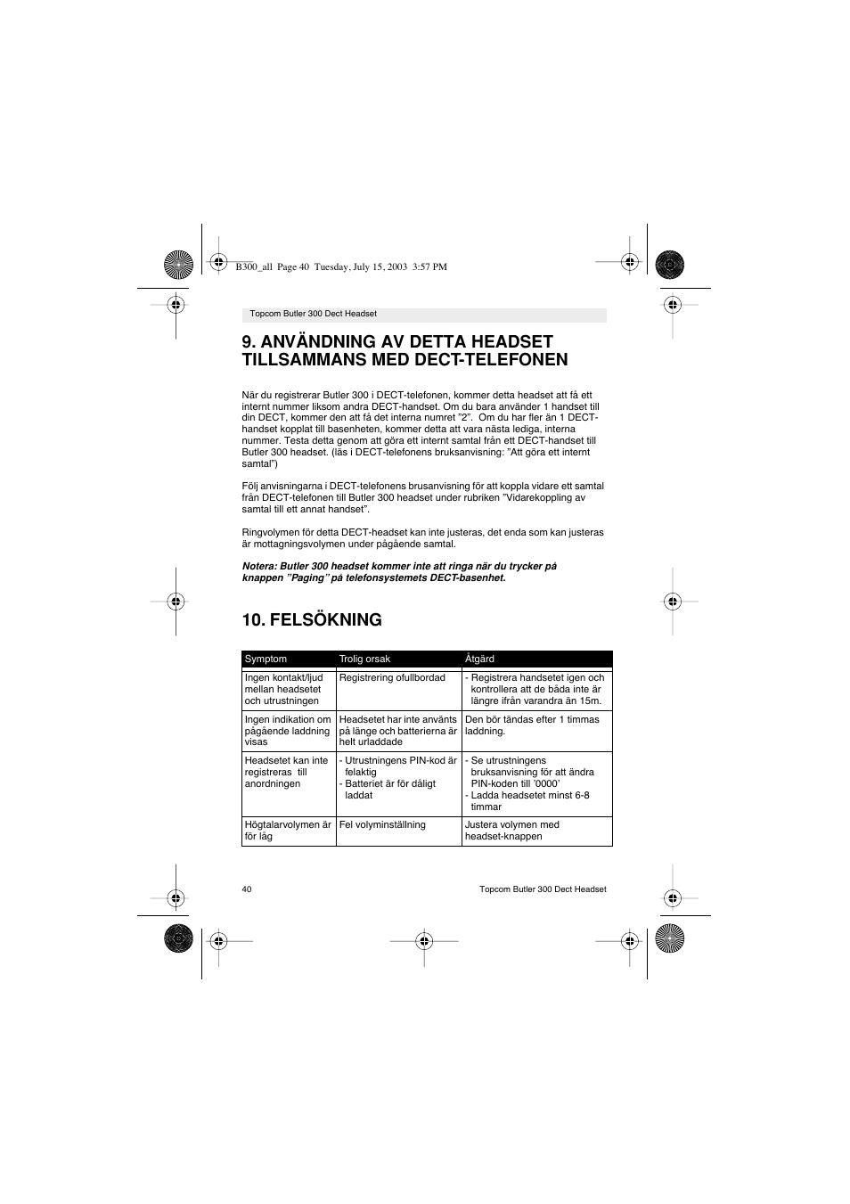 Felsökning | Topcom BUTLER 300 DECT User Manual | Page 40 / 100