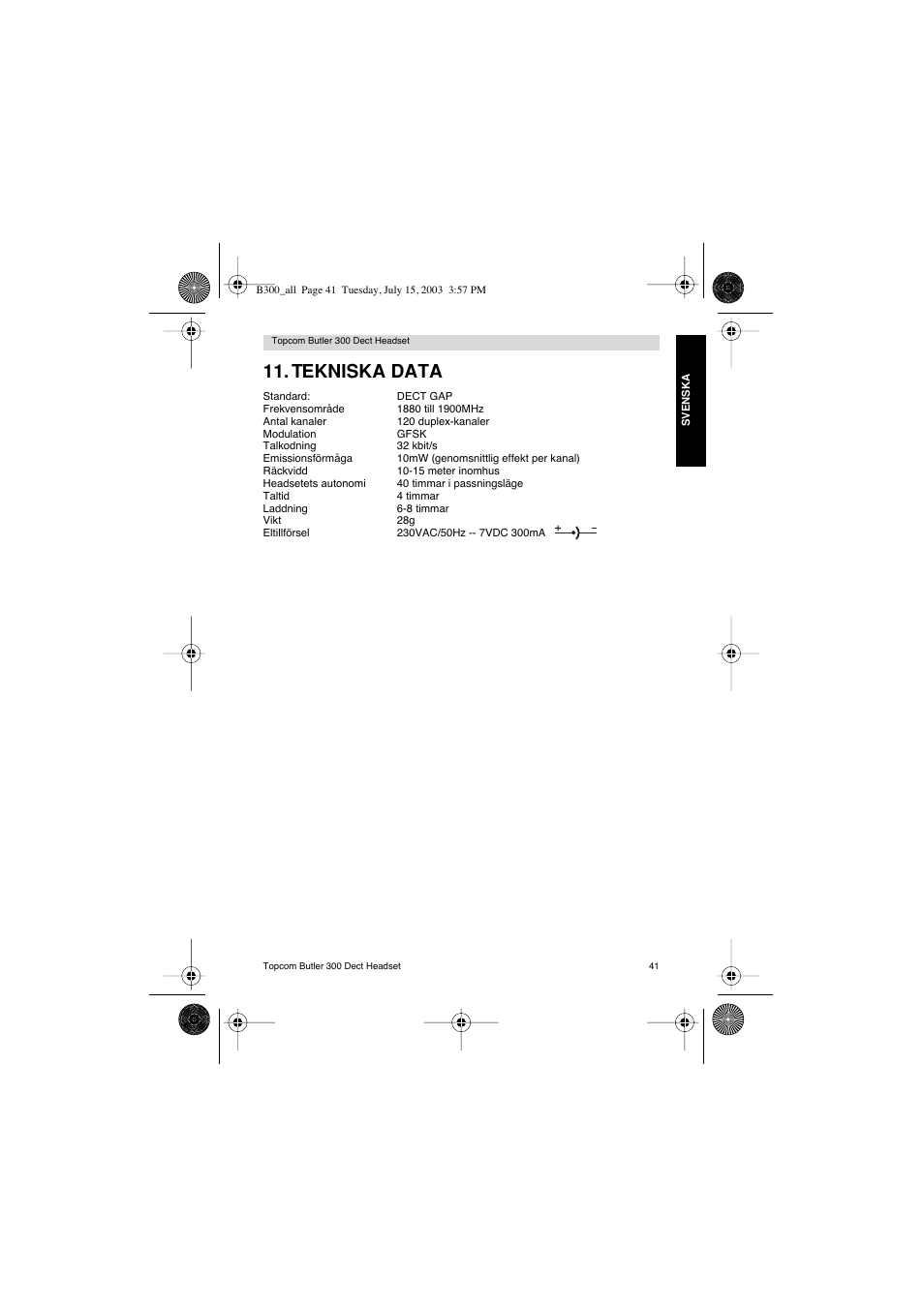 Tekniska data | Topcom BUTLER 300 DECT User Manual | Page 41 / 100