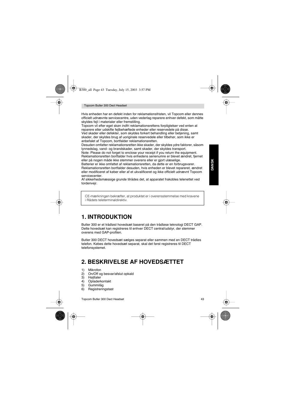 Introduktion, Beskrivelse af hovedsættet | Topcom BUTLER 300 DECT User Manual | Page 43 / 100