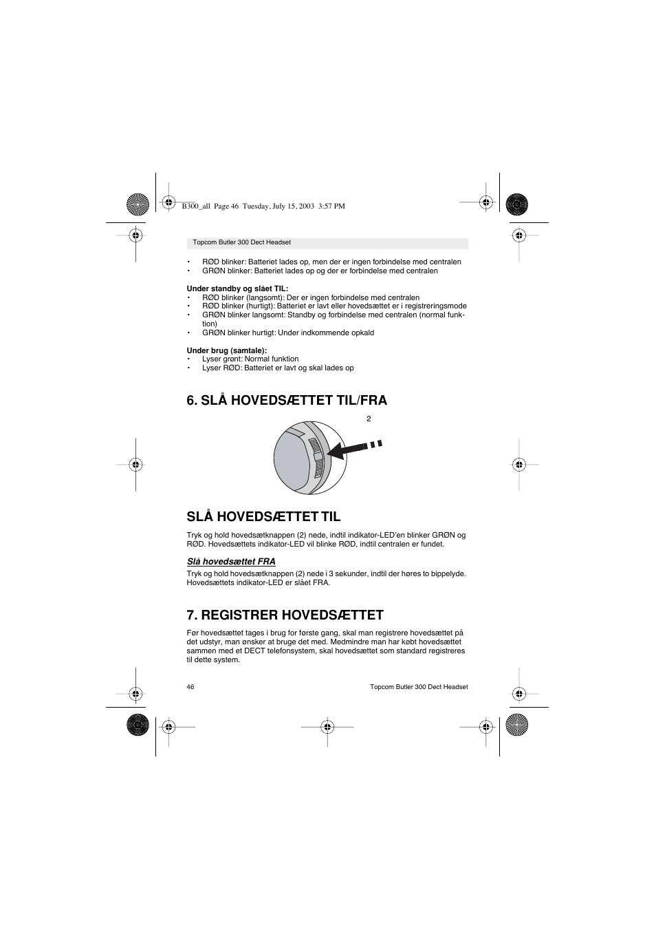 Slå hovedsættet til/fra slå hovedsættet til, Registrer hovedsættet | Topcom BUTLER 300 DECT User Manual | Page 46 / 100